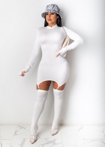 White Long Sleeve Bodycons Zipper Sexy Mini Dress With Stockings