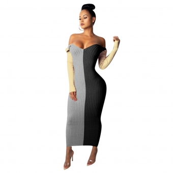 Black Off-Shoulder Long Sleeve Cotton Women Midi Dress