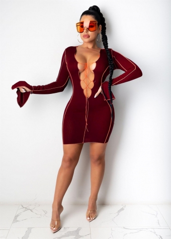 Red Long Sleeve Deep V-Neck Lace-up Sexy Mini Dress