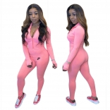 Pink Long Sleeve Zipper V-Neck Cotton Sexy Jumpsuit