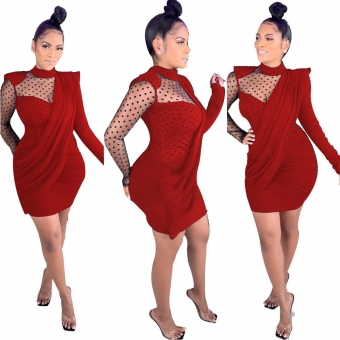 Red Long Sleeve Mesh V-Neck Sexy Mini Dress