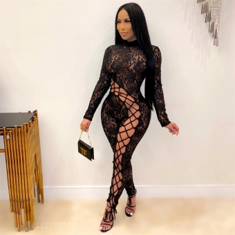 Black Long Sleeve Lace Hollow-out Bandage Sexy Jumpsuit