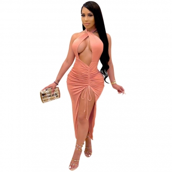 Pink Sleeveless Deep V-Neck Slited Women Maxi Dress