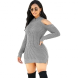 Grey Long Sleeve Cut-off Shoulder Women Fashion Sweaters
