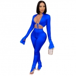 Blue Long Sleeve Deep V-Neck 2PCS Sexy Jumpsuit