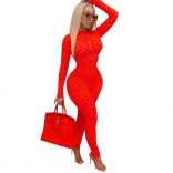 Red Long Sleeve Hollow-out Sexy Women Jumpsuit
