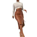 Khaki Women Fashion Sexy Midi Skirt