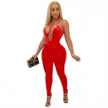 Red Sleeveless Halter V-Neck Bodycons Sexy Jumpsuit