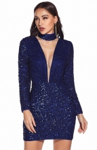 Blue Long Sleeve Deep V-Neck Sequins Sexy Mini Dress