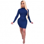 Blue Long Sleeve O-Neck Women Bodycons Mini Dress