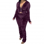 Purple Long Sleeve Zipper 2PCS Velvet Women Jumpsuit