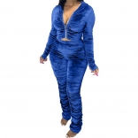 Blue Long Sleeve Zipper 2PCS Velvet Women Jumpsuit