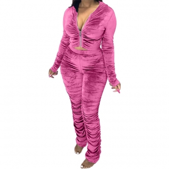 Pink Long Sleeve Zipper 2PCS Velvet Women Jumpsuit