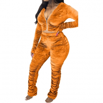 Orange Yellow Long Sleeve Zipper 2PCS Velvet Women Jumpsuit