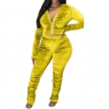 Yellow Long Sleeve Zipper 2PCS Velvet Women Jumpsuit