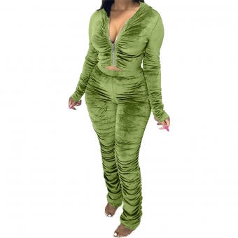 Green Long Sleeve Zipper 2PCS Velvet Women Jumpsuit