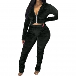Black Long Sleeve Zipper 2PCS Velvet Women Jumpsuit