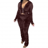 Brown Long Sleeve Zipper 2PCS Velvet Women Jumpsuit