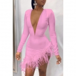 Pink Deep V-Neck Bodycons Sexy Tassels Mini Dress