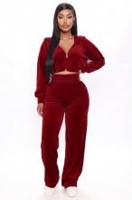 Red Long Sleeve Zipper V-Neck Velvet Winter Catsuit Dress