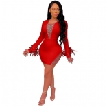 Red Long Sleeve Mesh Rainstones V-Neck Bodycon Mini Dress