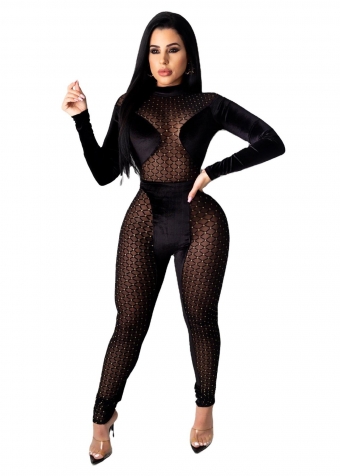 Black Long Sleeve Mesh Sexy Velvet Women Jumpsuit