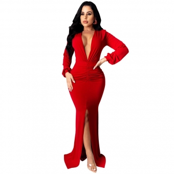 Red Long Sleeve Deep V-Neck Women Bodycon Maxi Dress
