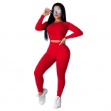 Red Long Sleeve O-Neck 2PCS Women Bodycons Sexy Jumpsuit