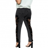 Black Hollow-out Jeans Lace Women Trousers