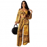 Yellow Long Sleeve V-Neck Printed Women Jumpsuit
