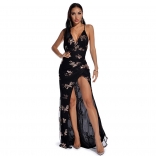Black Halter V-Neck Sleeveless Sequins Sexy Maxi Dress