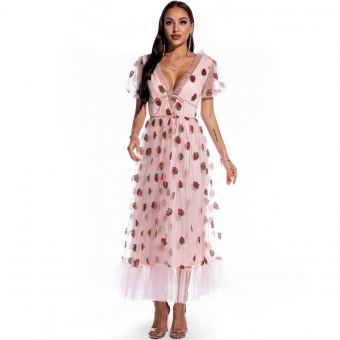 Pink Short Mesh Sleeve Sequins Women Fashion Maxi Dress