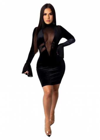 Black Mesh Long Sleeve Velvet Women Mini Dress