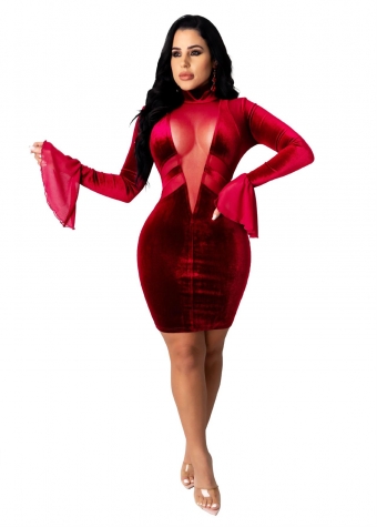Red Mesh Long Sleeve Velvet Women Mini Dress