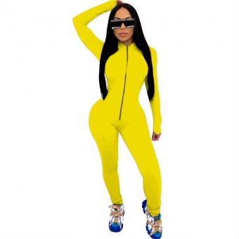 Yellow Long Sleeve Zipper Bodycons Women Jumpsuit