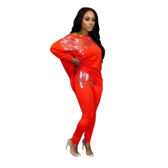 Red Long Sleeve O-Neck Sequins Women Jumpsuit