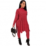 Red Long Sleeve Fashion Hound-tooth Printed Women Catsuit Dress