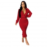 Red Long Sleeve Deep V-Neck Women Sexy Midi Dress