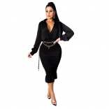 Black Long Sleeve Deep V-Neck Women Sexy Midi Dress
