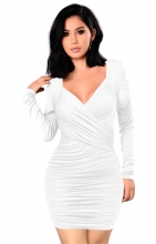 White Long Sleeve V-Neck Women Bodycons Mini Dress