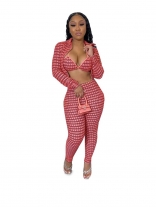 Red Long Sleeve 3PCS Sets Printed Women Jumpsuit