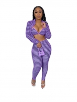 Purple Long Sleeve 3PCS Sets Printed Women Jumpsuit