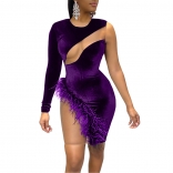 Purple One-Sleeve Mesh Feather Women Sexy Night Club Dress