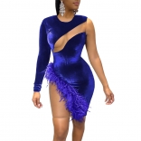 Blue One-Sleeve Mesh Feather Women Sexy Night Club Dress