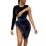 Black One-Sleeve Mesh Feather Women Sexy Night Club Dress