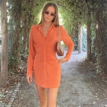 Orange Long Sleeve Deep V-Neck Single Breasted Mini Dress
