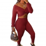 Red Long Sleeve Low-Cut V-Neck Women Fashion Jumpsuit