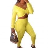 Yellow Long Sleeve Low-Cut V-Neck Women Fashion Jumpsuit