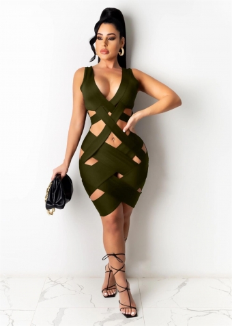 Green Sleeveless Deep V-Neck Hollow-out Bandage Mini Dress