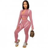 Pink Long Sleeve Zipper 2PCS Sexy Sports Jumpsuit